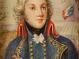 tableau représentant un homme vêtu d'un manteau bleu, avec un drapeau en arrière-plan