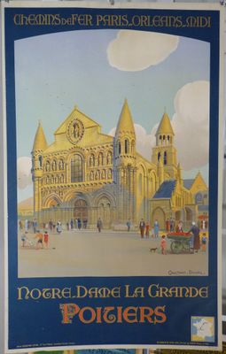 une affiche représentant un grand bâtiment sur lequel figure une horloge