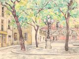 a watercolor painting of a street scene with a lamp post
