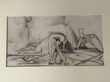 a drawing of a woman laying on a bed next to a deer