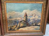 a painting of a church on a mountain with a mountain range in the background