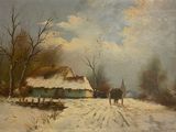 painting of a winter scene with a horse drawn carriage on a snowy road