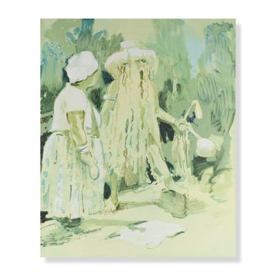 tableau représentant deux femmes avec des parapluies et un chien dans un parc