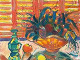 une peinture représentant une coupe de fruits sur une table