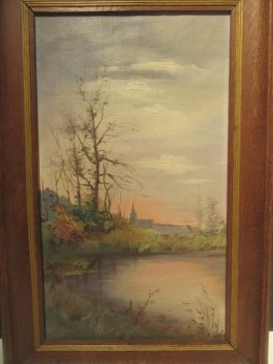 an oil painting of a river scene with trees in the foreground