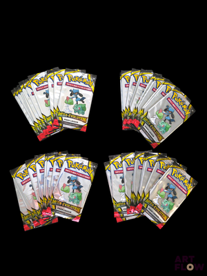 six packs of pokemon trading cards on a black background