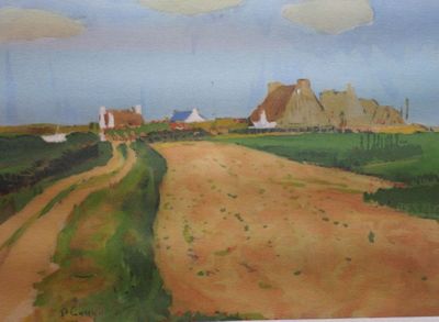 a painting of a dirt road in the middle of a field