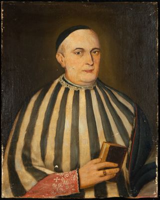portrait of a man in a striped robe holding a book