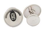 a close up of a pair of silver cufflinks with a black and white logo