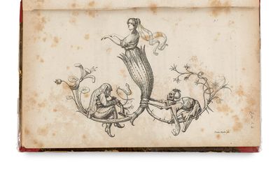 an old book with a drawing of a mermaid on it ' s cover