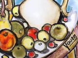a painting of a plate with fruit and a pitcher on it