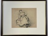 drawing of a woman sitting on a chair holding a cat