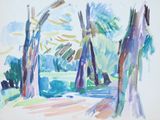 une aquarelle représentant des arbres dans un parc