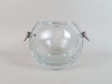a clear glass vase with a wooden handle on a white surface