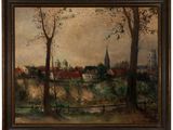 un tableau représentant un paysage avec des arbres et une église au loin