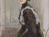 painting of a woman in a black dress sitting on a chair