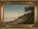 an oil painting of a beach scene with a sailboat in the distance
