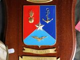 a wooden plaque with a coat of arms and a star on it