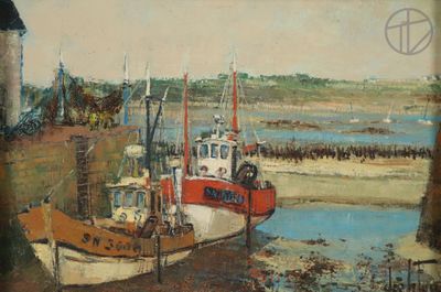 un tableau représentant un bateau amarré dans un port