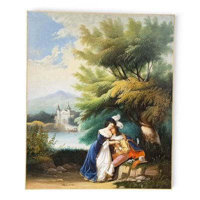 an image of a painting of a couple sitting on a bench by a lake