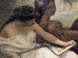 a painting of two women sitting on the ground reading a book
