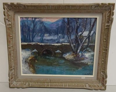 une photo d'un tableau représentant un pont sous la neige
