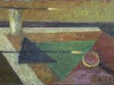 une peinture représentant une table de billard sur laquelle est posé un verre d'eau