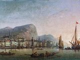 painting of a view of a harbor with boats and a mountain in the background