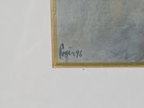 a painting on the wall of a bathroom with a toilet and a sink