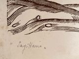 a drawing of a whale in the water with a boat in the background