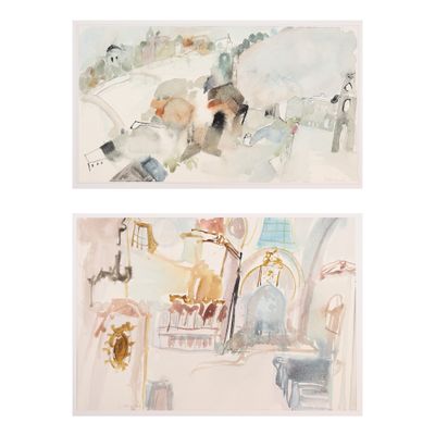 deux aquarelles représentant un salon avec un canapé et une table