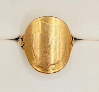 an image of a gold ring with a scarra on top of it