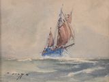 painting of a sailboat in rough water with a sky background