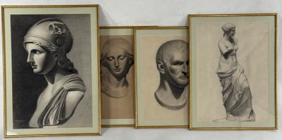 trois dessins encadrés représentant des bustes de femmes et d'un homme