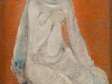 tableau représentant une femme en robe blanche assise sur un tabouret