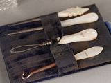 four toothbrushes in a leather case on a table