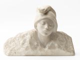 a white statue of a woman with a hat on her head