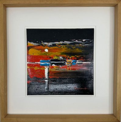 painting of a boat in a body of water with a sky in the background