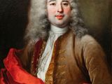 un tableau représentant un homme vêtu d'un manteau marron et d'une écharpe rouge