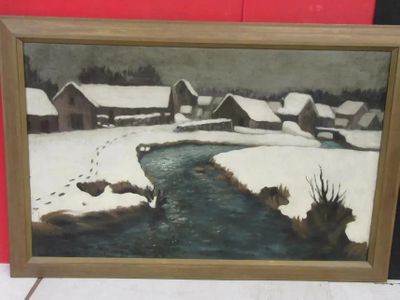 tableau représentant une rivière traversant un champ enneigé, près d'un mur rouge