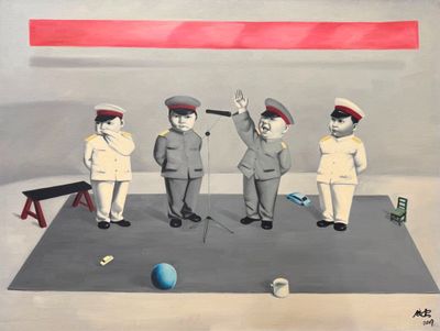 un tableau représentant un groupe d'hommes debout sur une scène