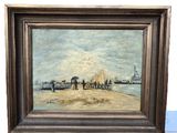 une peinture à l'huile représentant une scène de plage avec des bateaux et des personnages