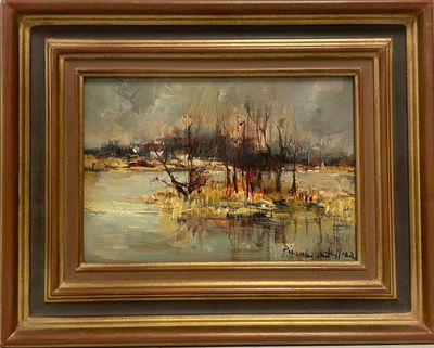 une peinture à l'huile représentant un paysage avec une rivière au premier plan et des arbres au premier plan