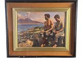 tableau représentant deux hommes assis sur un rocher au bord de la mer