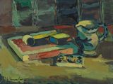 une peinture représentant une théière, un livre et une tasse posés sur une table