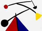 an abstract painting of a red, blue, yellow, and red triangle
