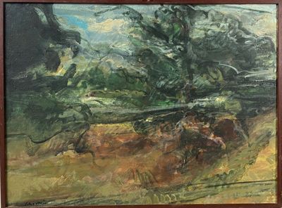 a painting of a man riding a horse in a field