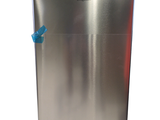 an image of a stainless steel trash can with a blue bow on the lid