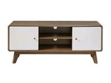 a close up of a tv stand with two drawers and a shelf