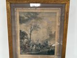 une vieille photo représentant un tableau posé sur un chevalet, avec, en arrière-plan, l'image d'un homme à cheval